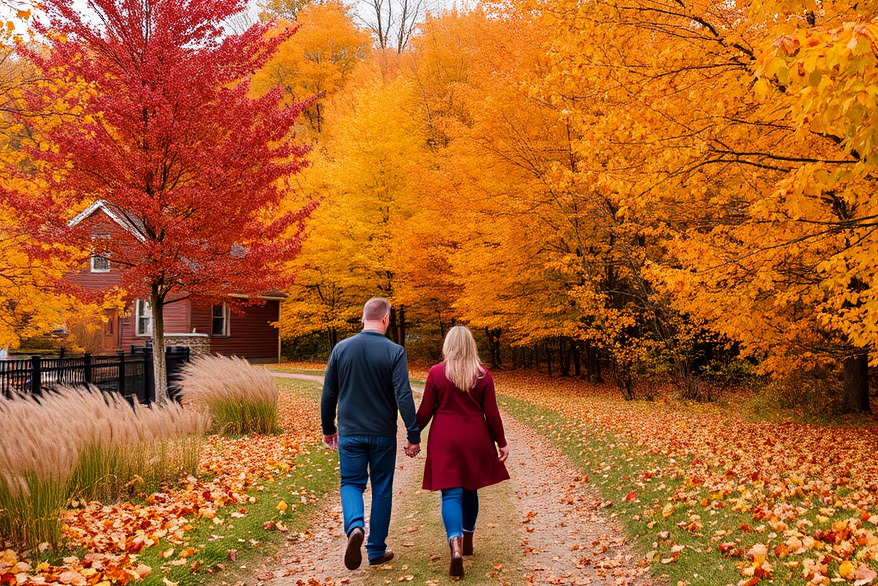Two people walking hand in hand on a path lined with colorful autumn trees.