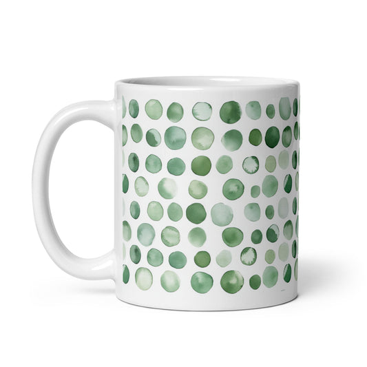 Dottie — Lichen ceramic mug by Maude Mugs — muted sage and olive dot pattern inspired by woodland growth, 11oz, handle on left