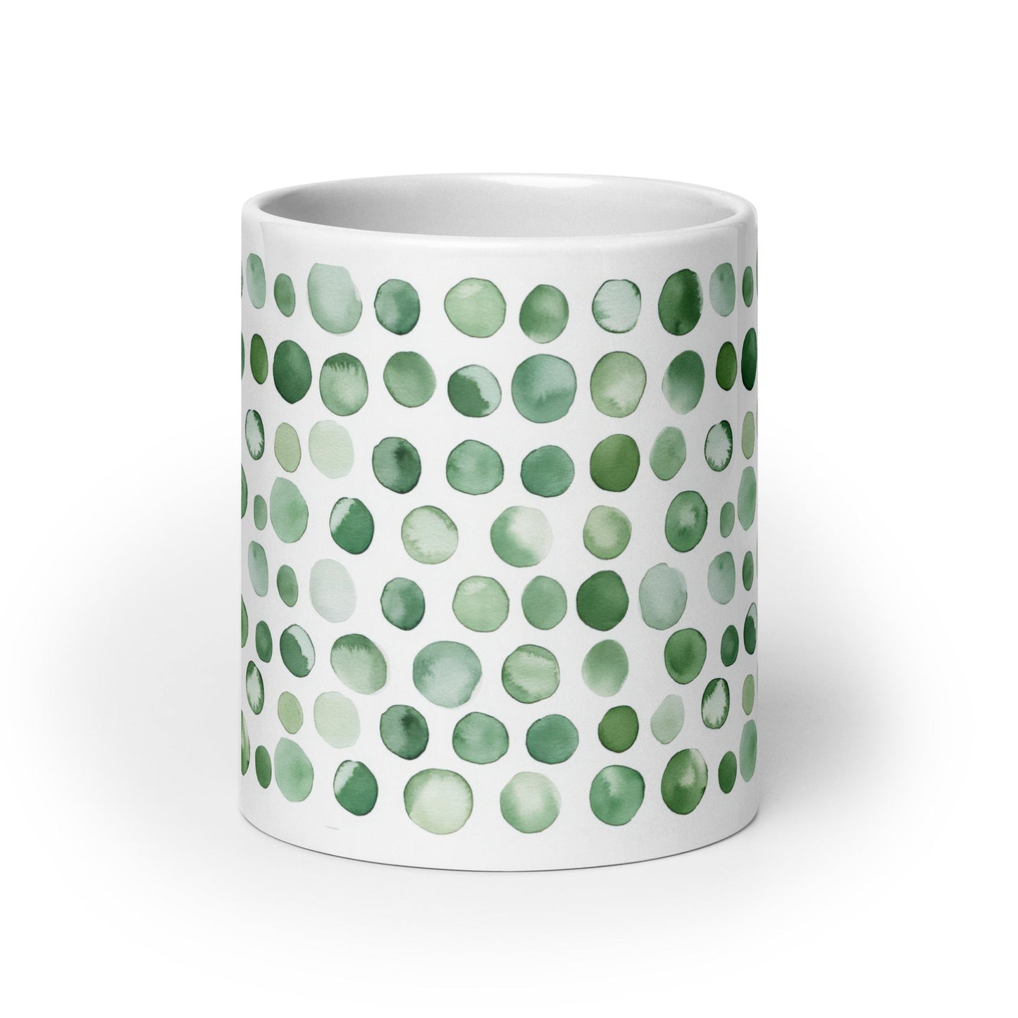Dottie — Lichen ceramic mug by Maude Mugs — muted sage and olive dot pattern inspired by woodland growth, 20oz, front view