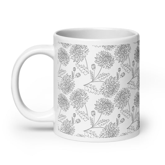 Inked Blooms Chrysanthemum ceramic coffee mug - 20 oz - handle on left