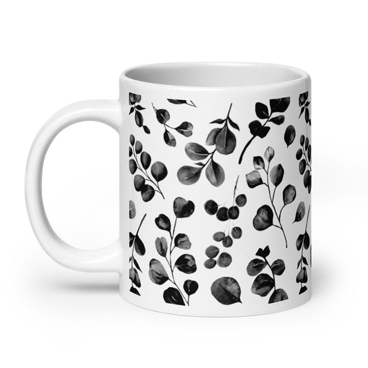 Inked Blooms Eucalyptus ceramic coffee mug - 20 oz - handle on left