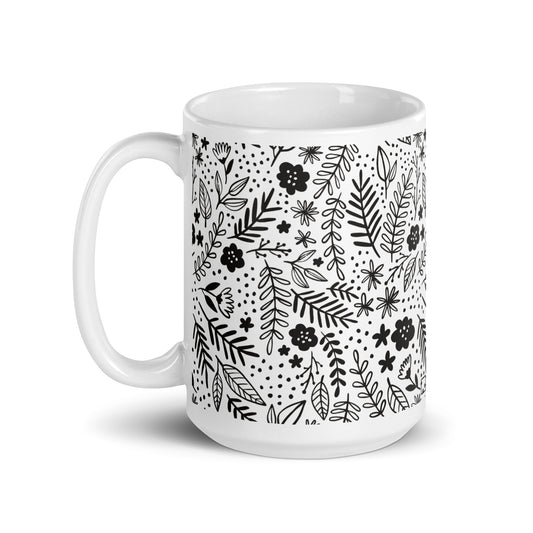 Inked Blooms Meadow ceramic coffee mug - 15 oz - handle on left