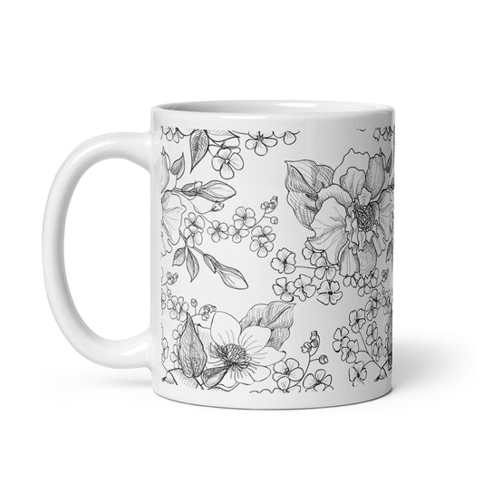 Inked Blooms Wild Rose ceramic coffee mug - 11 oz - handle on left