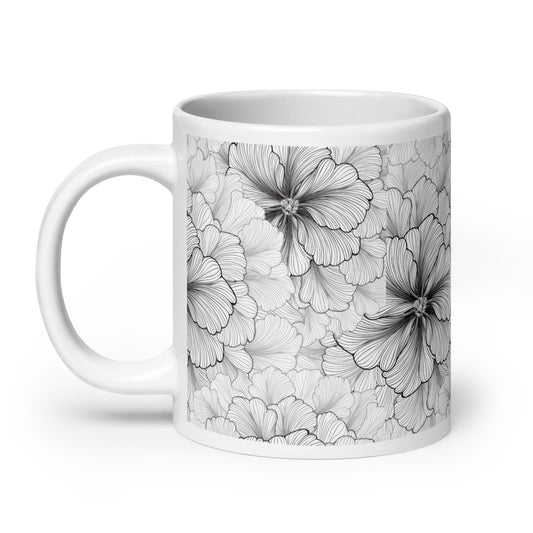 Inked Blooms Zinnia ceramic coffee mug - 20 oz - handle on left