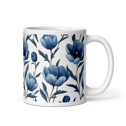 Tulipa — Indigo ceramic coffee mug - 11oz - handle on right