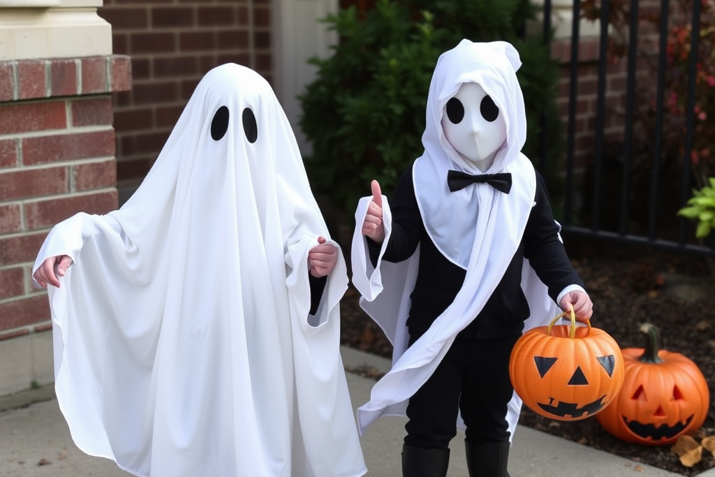 children dressed as halloween ghosts