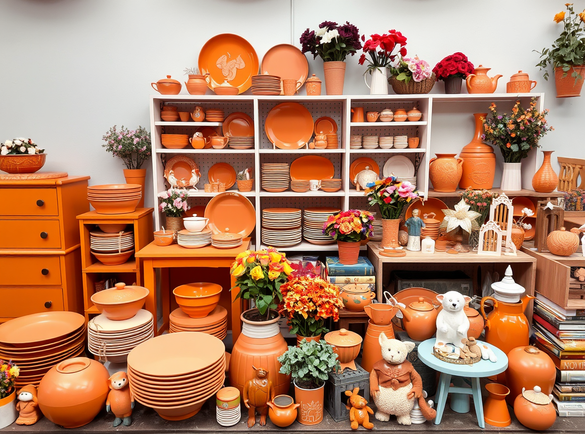 assorted orange objects like dishes, mugs, flowers, and furniture
