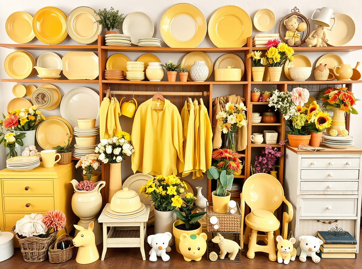 ass, sort of yellow objects, including dishes, clothing, furniture, flowers, mugs, etc.