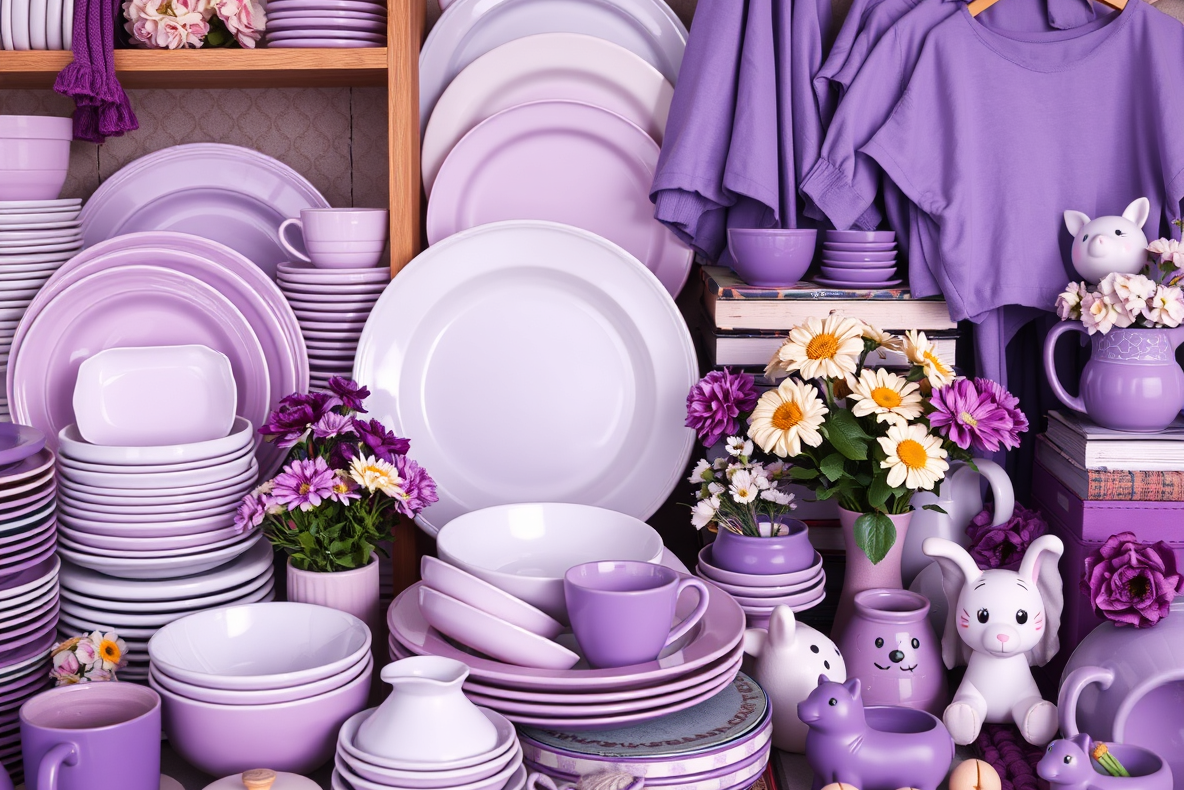 assorted purple objects, including dishware toys, flowers, and clothing