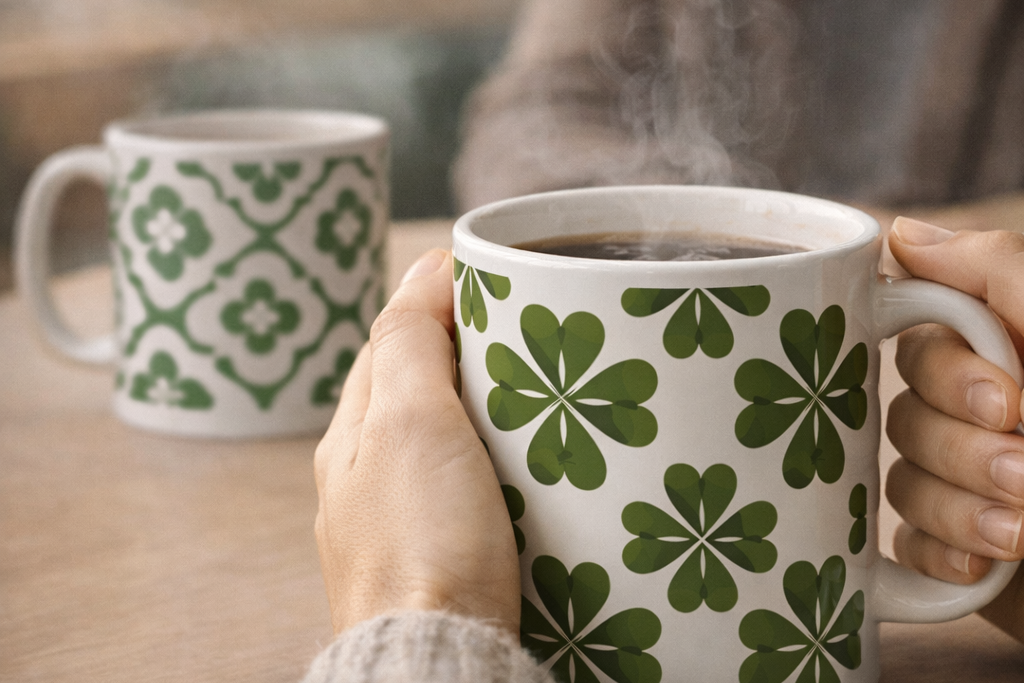 Person holding a mug with green clover pattern and text 'Maybe luck is just noticing what's already here.'