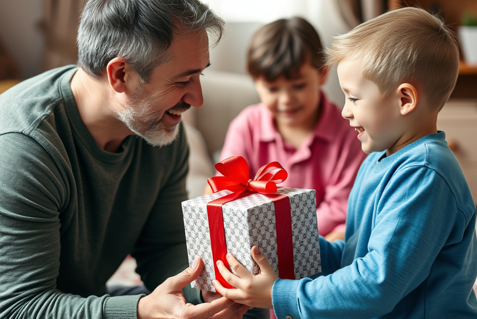 Man and two children with a gift box in a home setting