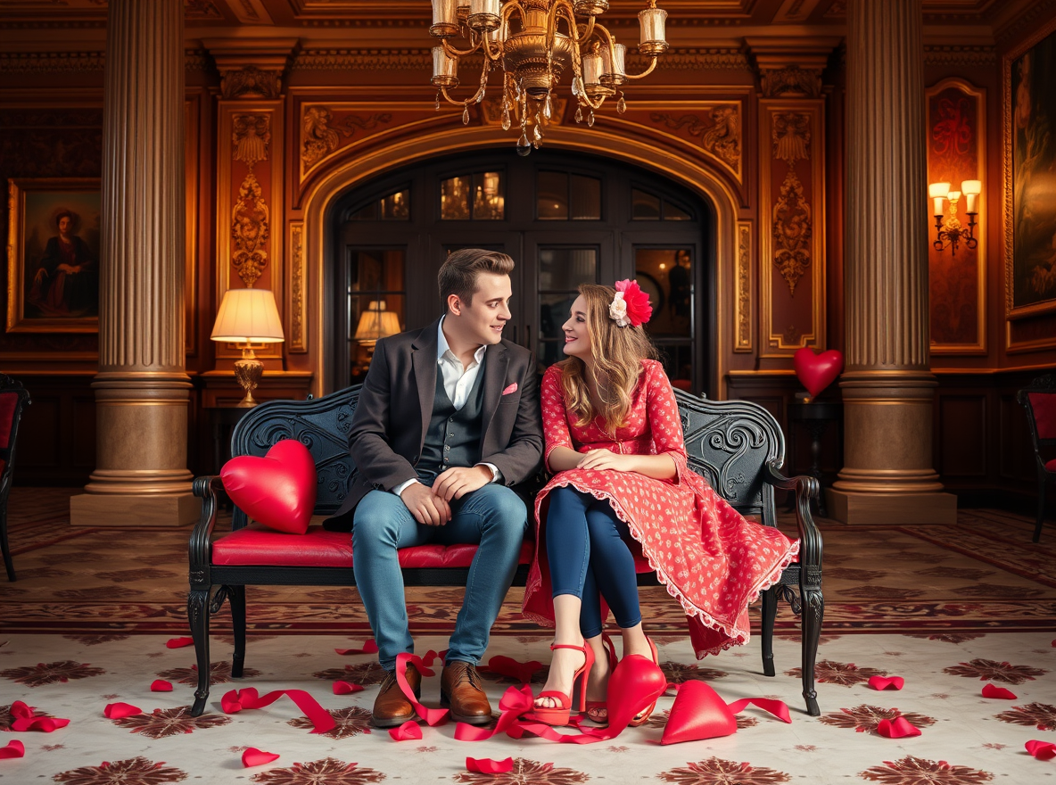 Couple sitting on a couch in an elegant room with decorative elements and red heart pillows.