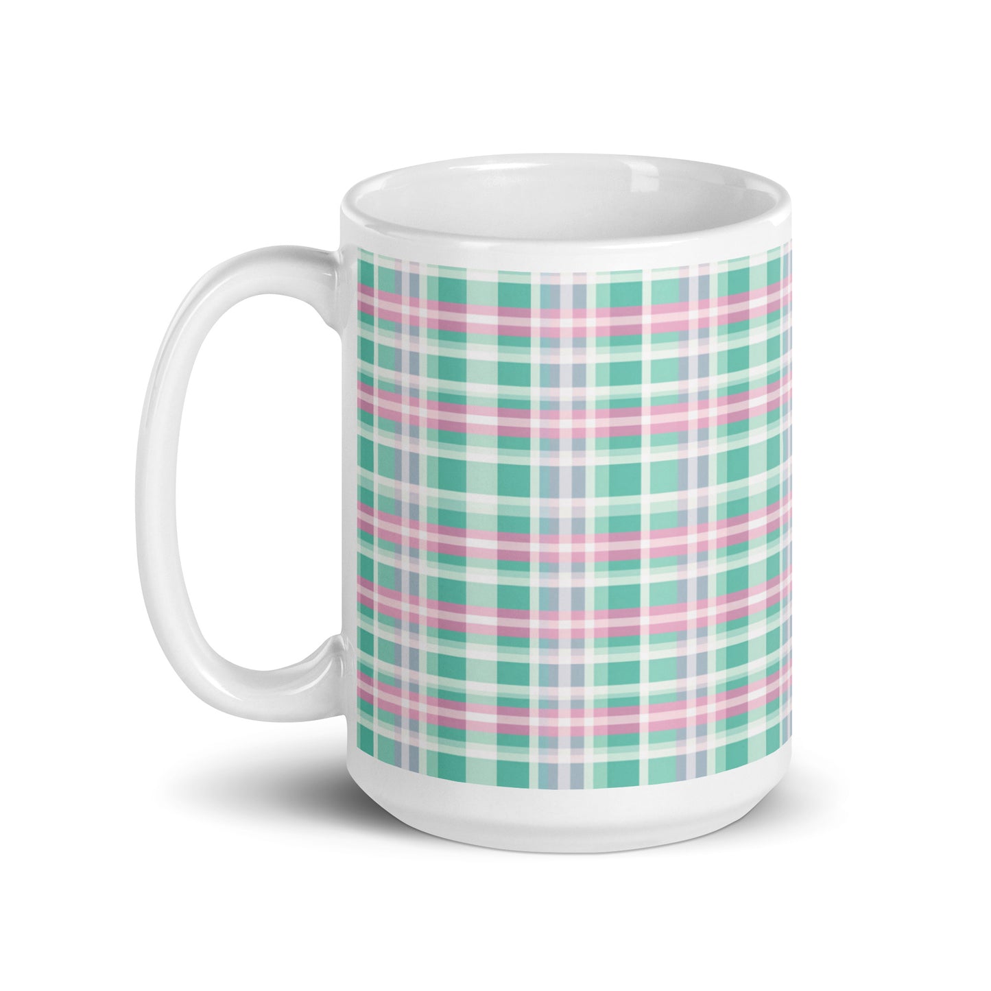 Criss + Cross - Madras ceramic coffee mug - 15 oz - handle on left