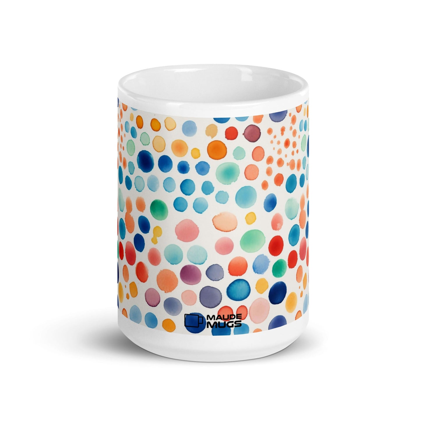 Dottie — Carnival ceramic mug by Maude Mugs — bold festive dot pattern in vibrant mixed tones, 15oz, front view