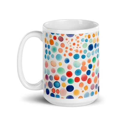 Dottie — Carnival ceramic mug by Maude Mugs — bold festive dot pattern in vibrant mixed tones, 15oz, handle on left