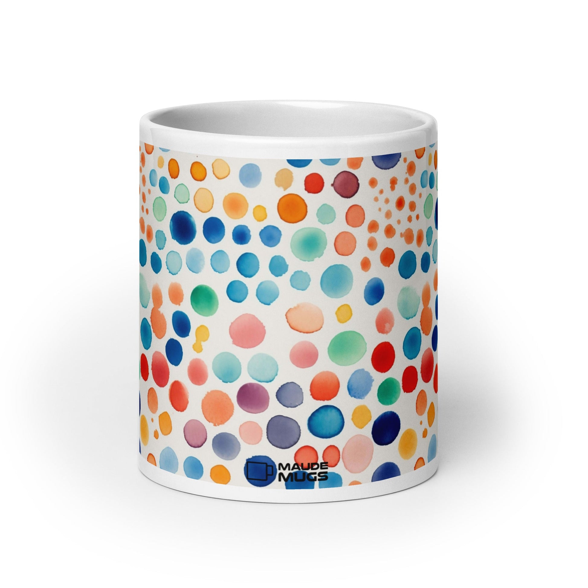 Dottie — Carnival ceramic mug by Maude Mugs — bold festive dot pattern in vibrant mixed tones, 20oz, front view