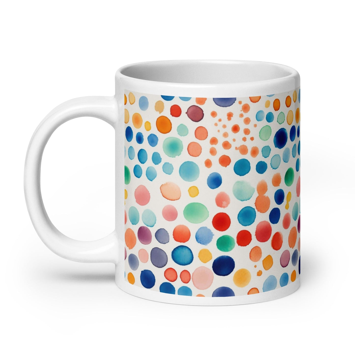 Dottie — Carnival ceramic mug by Maude Mugs — bold festive dot pattern in vibrant mixed tones, 20oz, handle on left