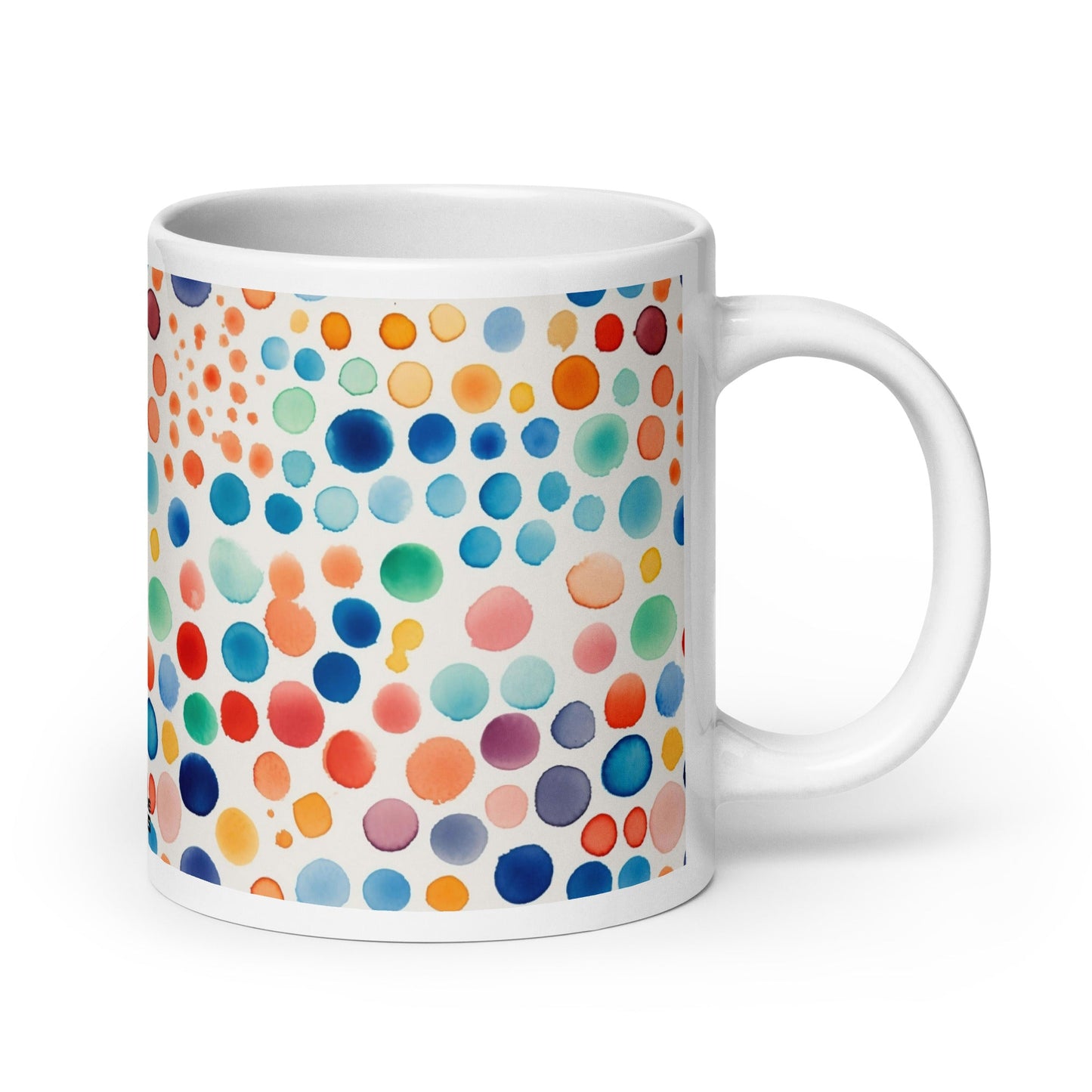 Dottie — Carnival ceramic mug by Maude Mugs — bold festive dot pattern in vibrant mixed tones, 20oz, handle on right