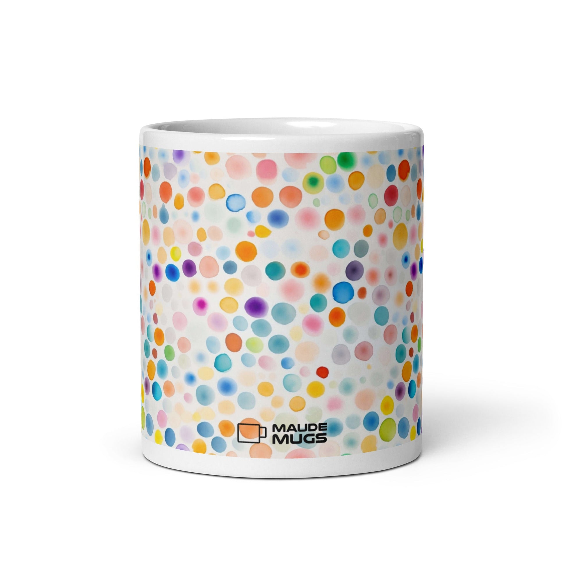 Dottie — Confetti ceramic mug by Maude Mugs — joyful multicolour confetti dot pattern, 11oz, front view