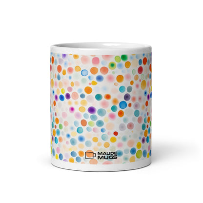 Dottie — Confetti ceramic mug by Maude Mugs — joyful multicolour confetti dot pattern, 11oz, front view