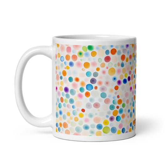 Dottie — Confetti ceramic mug by Maude Mugs — joyful multicolour confetti dot pattern, 11oz, handle on left