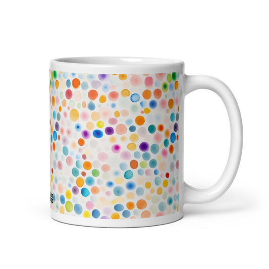 Dottie — Confetti ceramic mug by Maude Mugs — joyful multicolour confetti dot pattern, 11oz, handle on right