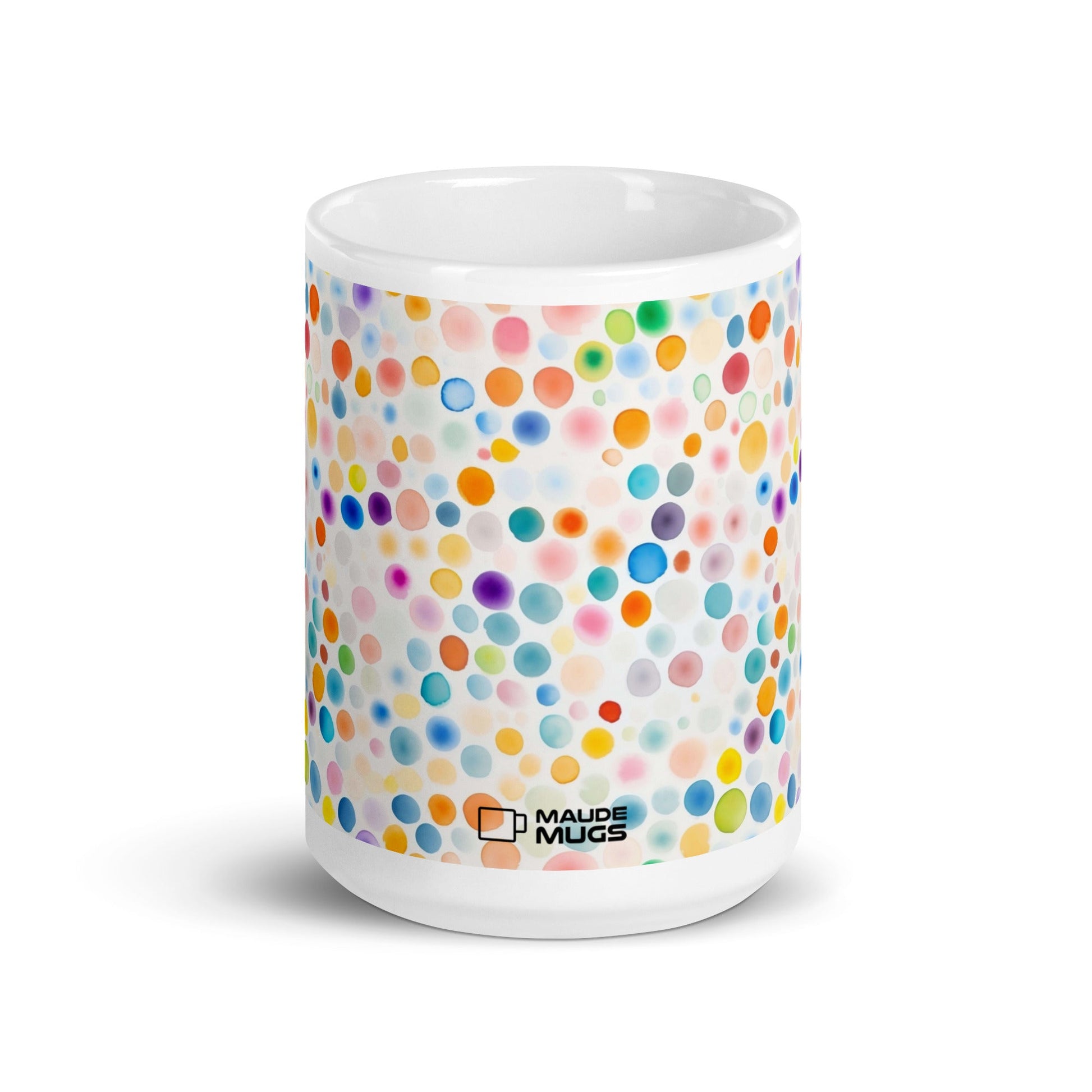 Dottie — Confetti ceramic mug by Maude Mugs — joyful multicolour confetti dot pattern, 15oz, front view
