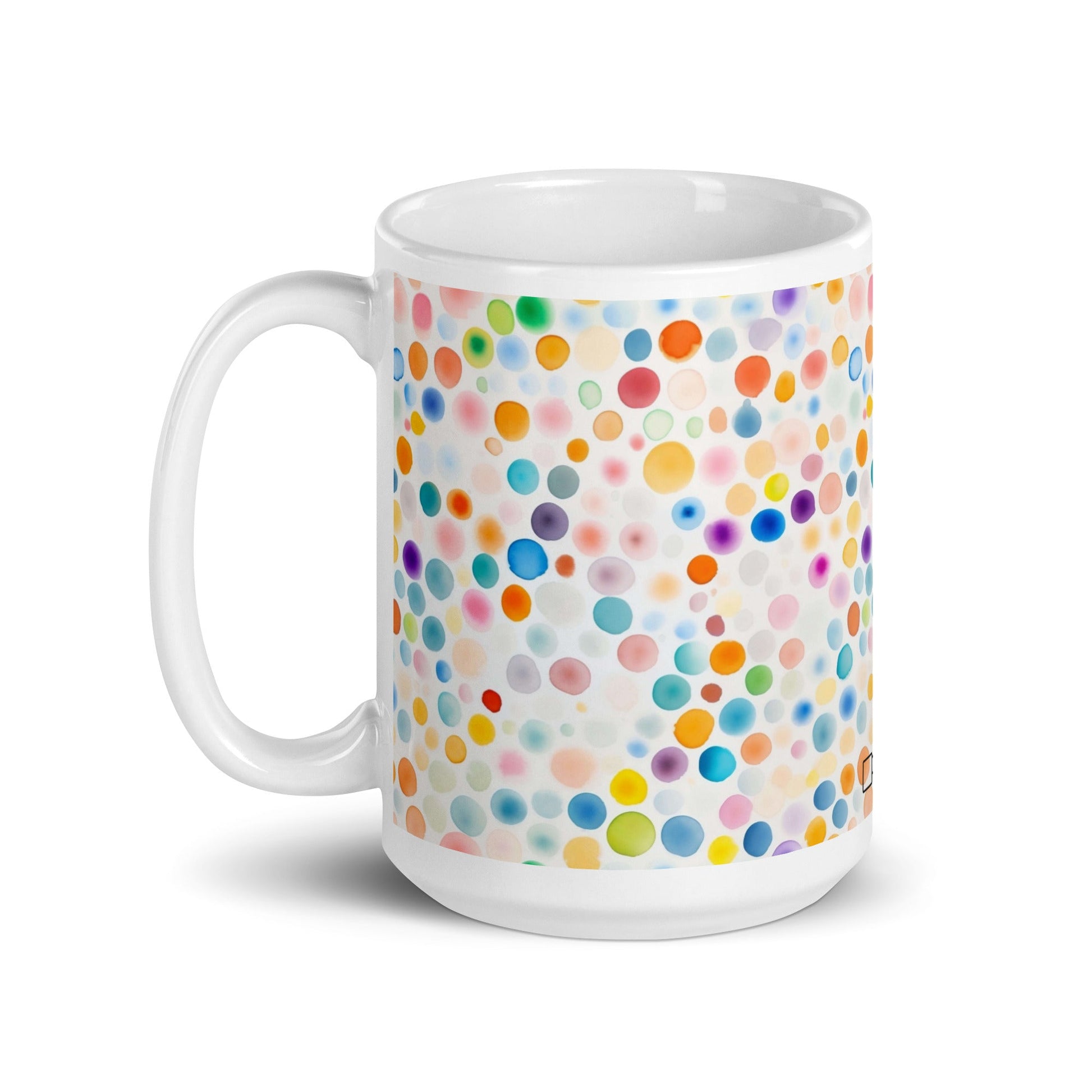 Dottie — Confetti ceramic mug by Maude Mugs — joyful multicolour confetti dot pattern, 15oz, handle on left