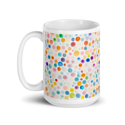 Dottie — Confetti ceramic mug by Maude Mugs — joyful multicolour confetti dot pattern, 15oz, handle on left