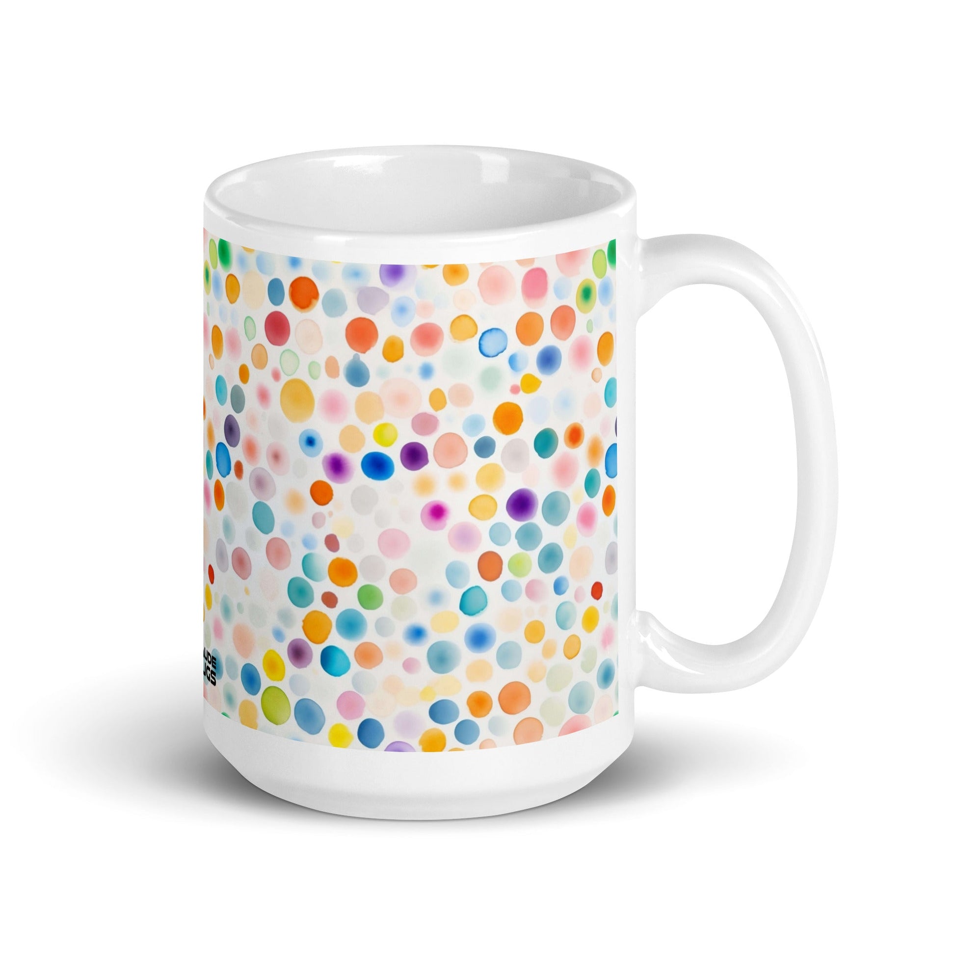 Dottie — Confetti ceramic mug by Maude Mugs — joyful multicolour confetti dot pattern, 15oz, handle on right
