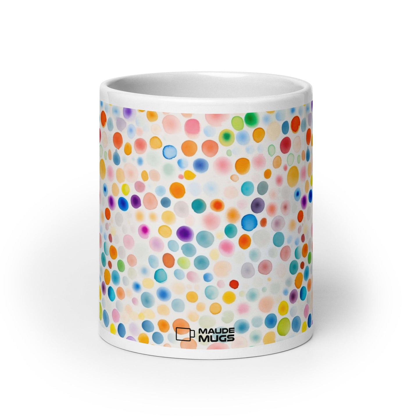 Dottie — Confetti ceramic mug by Maude Mugs — joyful multicolour confetti dot pattern, 20oz, front view