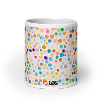 Dottie — Confetti ceramic mug by Maude Mugs — joyful multicolour confetti dot pattern, 20oz, front view