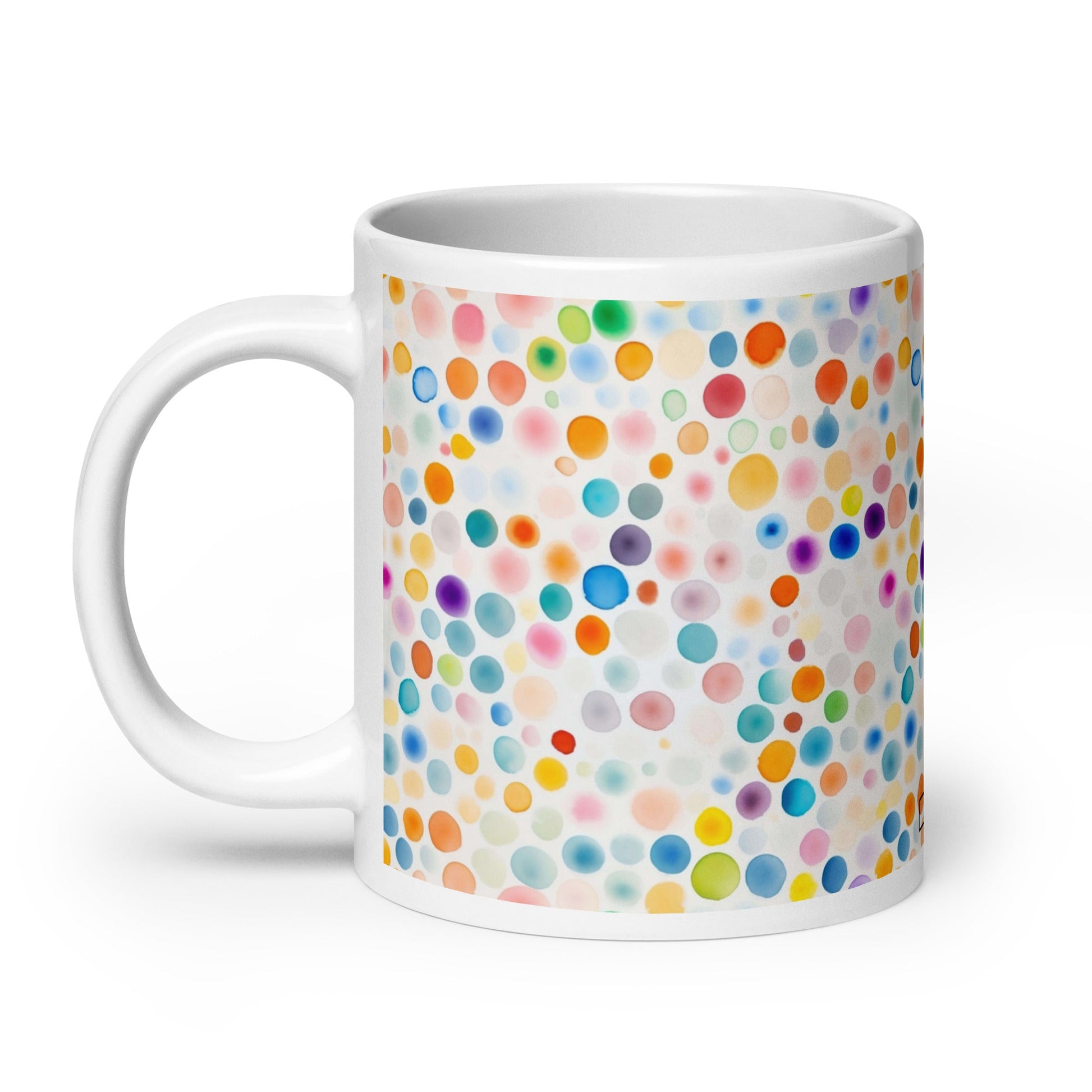 Dottie — Confetti ceramic mug by Maude Mugs — joyful multicolour confetti dot pattern, 20oz, handle on left