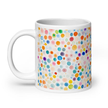 Dottie — Confetti ceramic mug by Maude Mugs — joyful multicolour confetti dot pattern, 20oz, handle on left