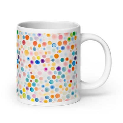 Dottie — Confetti ceramic mug by Maude Mugs — joyful multicolour confetti dot pattern, 20oz, handle on right