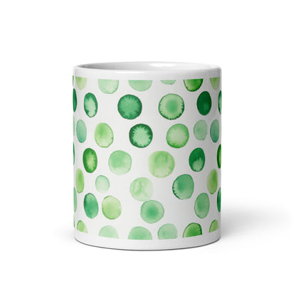 Dottie — Grove ceramic mug by Maude Mugs — earthy forest dot pattern in deep greens and warm browns, 11oz, front view