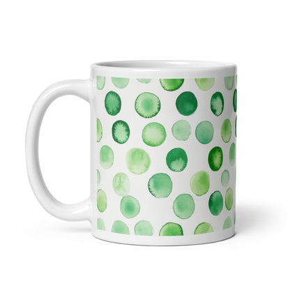 Dottie — Grove ceramic mug by Maude Mugs — earthy forest dot pattern in deep greens and warm browns, 11oz, handle on left