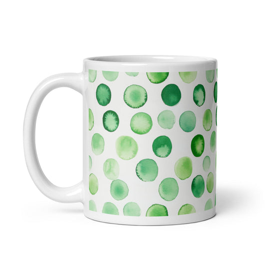 Dottie — Grove ceramic mug by Maude Mugs — earthy forest dot pattern in deep greens and warm browns, 11oz, handle on left