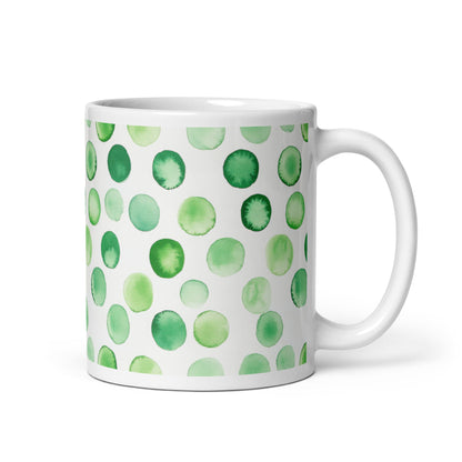 Dottie — Grove ceramic mug by Maude Mugs — earthy forest dot pattern in deep greens and warm browns, 11oz, handle on right