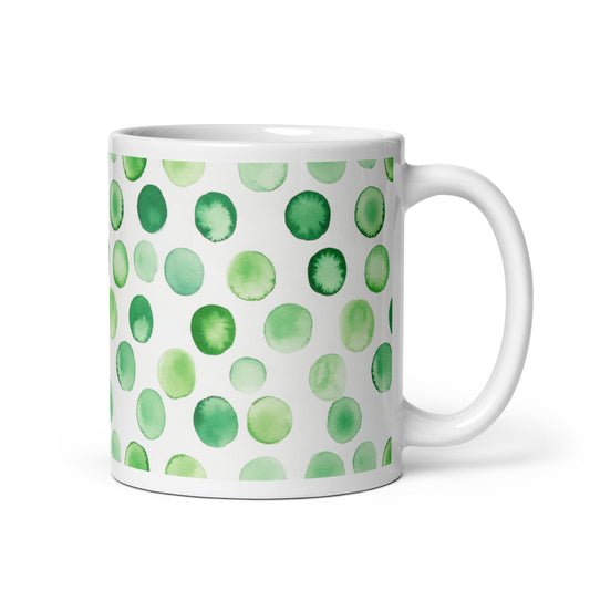 Dottie — Grove ceramic mug by Maude Mugs — earthy forest dot pattern in deep greens and warm browns, 11oz, handle on right