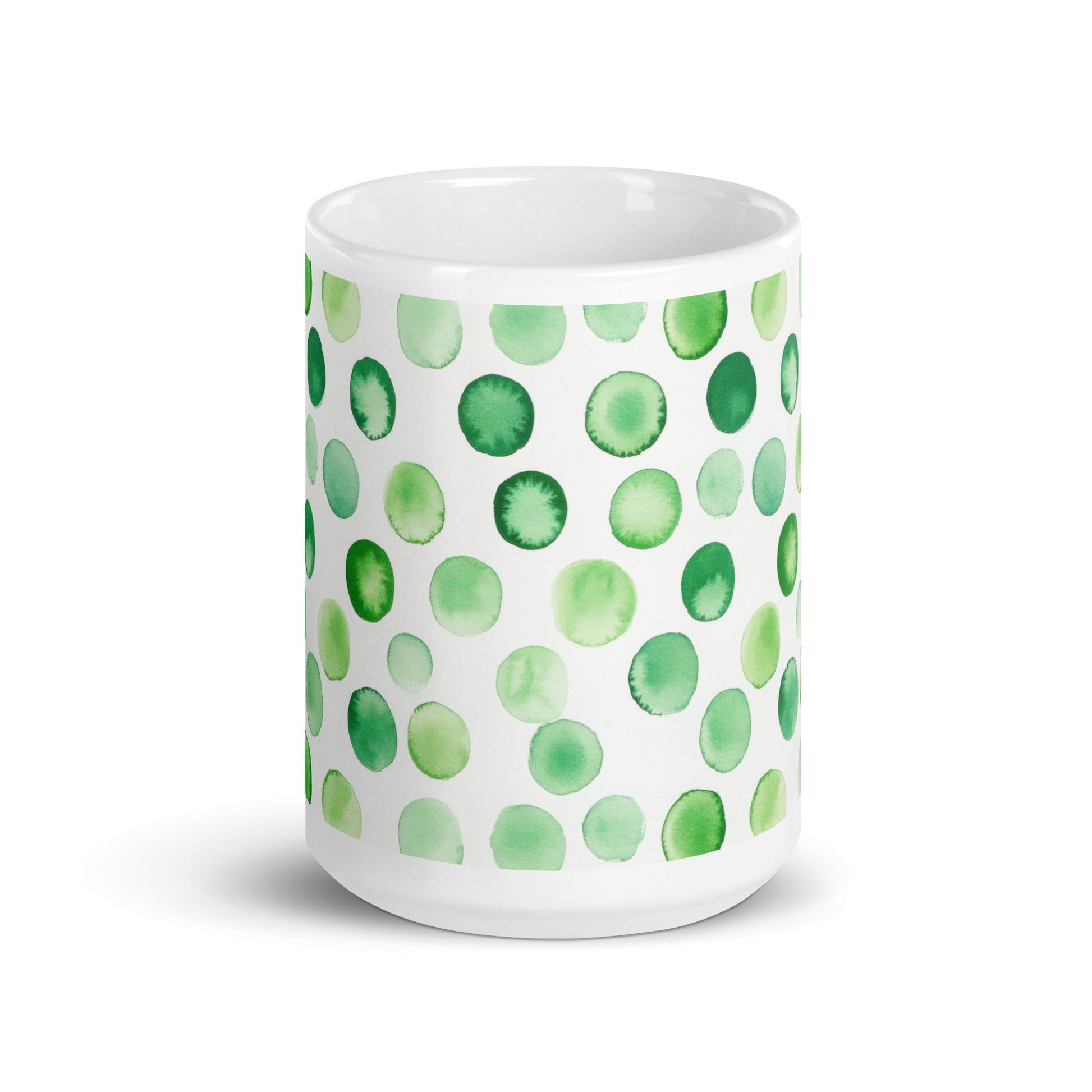 Dottie — Grove ceramic mug by Maude Mugs — earthy forest dot pattern in deep greens and warm browns, 15oz, front view