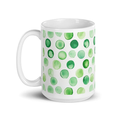 Dottie — Grove ceramic mug by Maude Mugs — earthy forest dot pattern in deep greens and warm browns, 15oz, handle on left