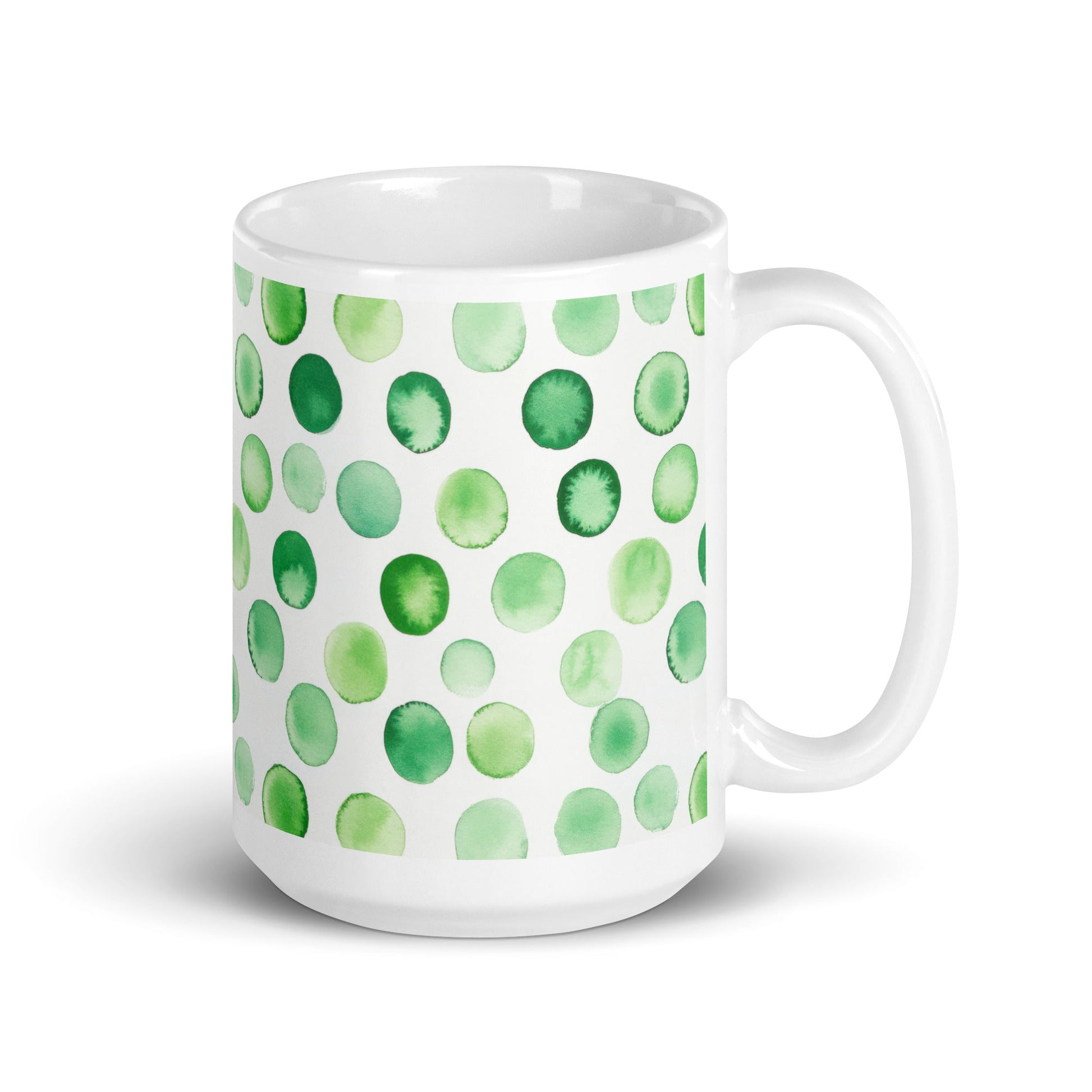 Dottie — Grove ceramic mug by Maude Mugs — earthy forest dot pattern in deep greens and warm browns, 15oz, handle on right