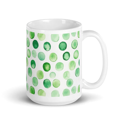 Dottie — Grove ceramic mug by Maude Mugs — earthy forest dot pattern in deep greens and warm browns, 15oz, handle on right