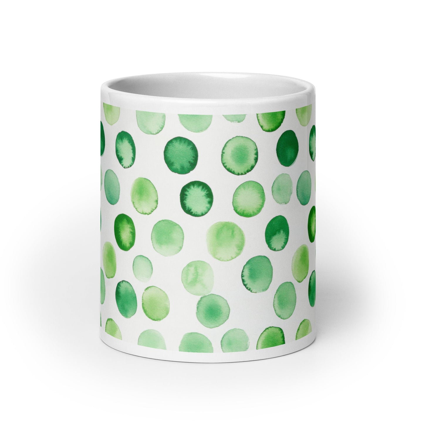 Dottie — Grove ceramic mug by Maude Mugs — earthy forest dot pattern in deep greens and warm browns, 20oz, front view