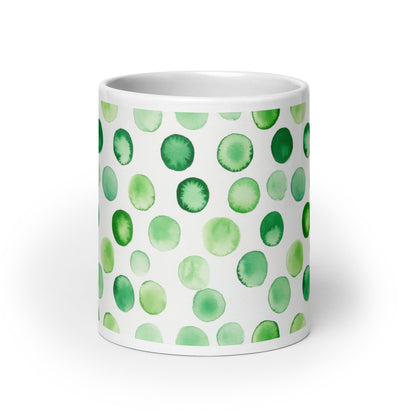 Dottie — Grove ceramic mug by Maude Mugs — earthy forest dot pattern in deep greens and warm browns, 20oz, front view