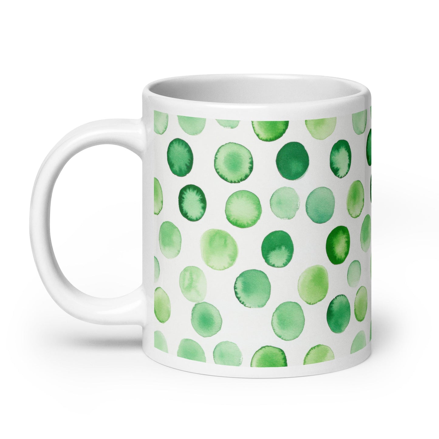 Dottie — Grove ceramic mug by Maude Mugs — earthy forest dot pattern in deep greens and warm browns, 20oz, handle on left
