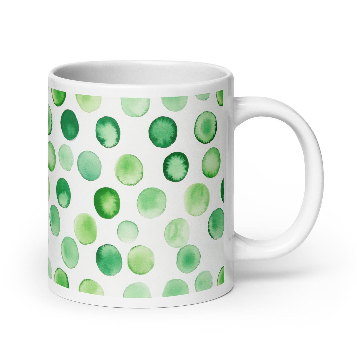 Dottie — Grove ceramic mug by Maude Mugs — earthy forest dot pattern in deep greens and warm browns, 20oz, handle on right