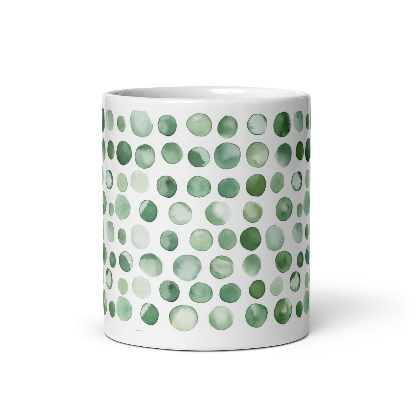 Dottie — Lichen ceramic mug by Maude Mugs — muted sage and olive dot pattern inspired by woodland growth, 11oz, front view