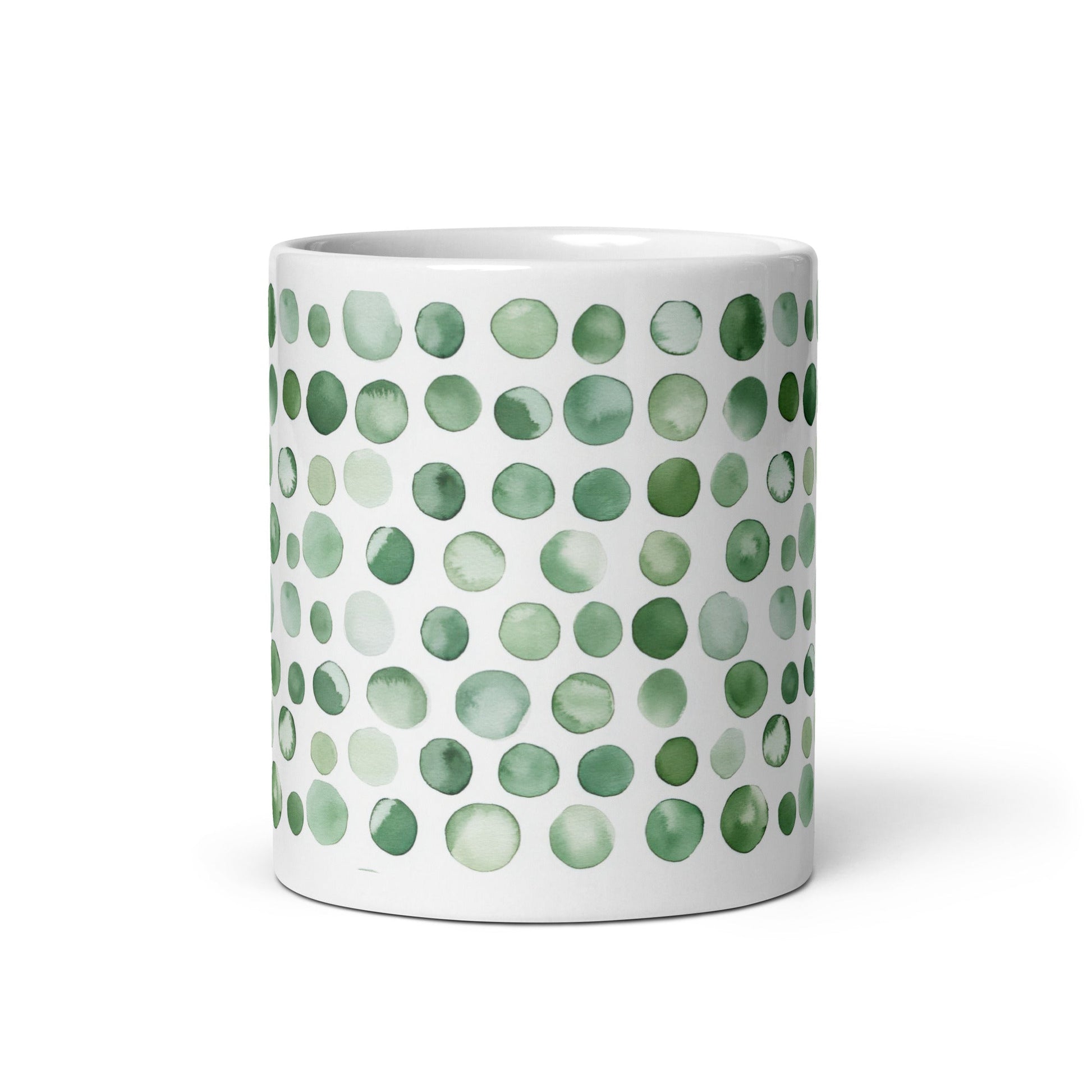 Dottie — Lichen ceramic mug by Maude Mugs — muted sage and olive dot pattern inspired by woodland growth, 11oz, front view